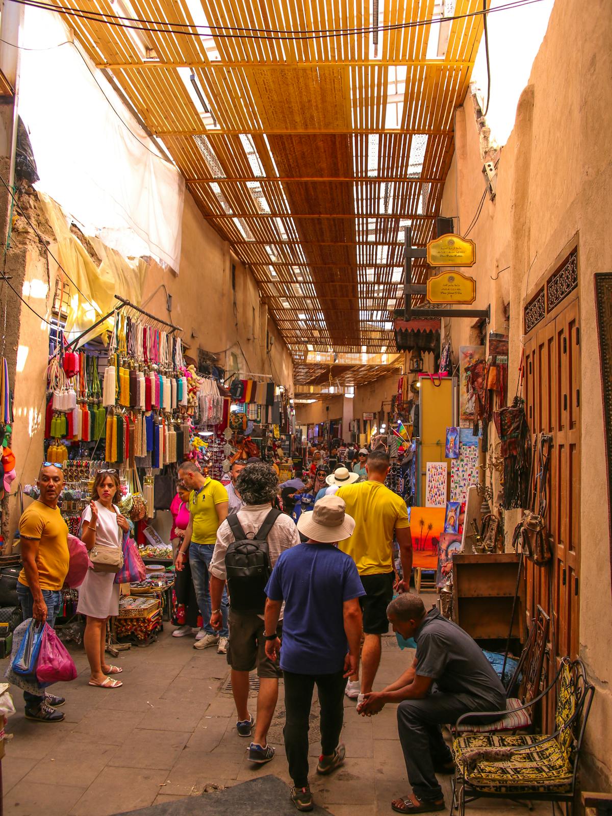 Colorful market stalls in a Moroccan medina