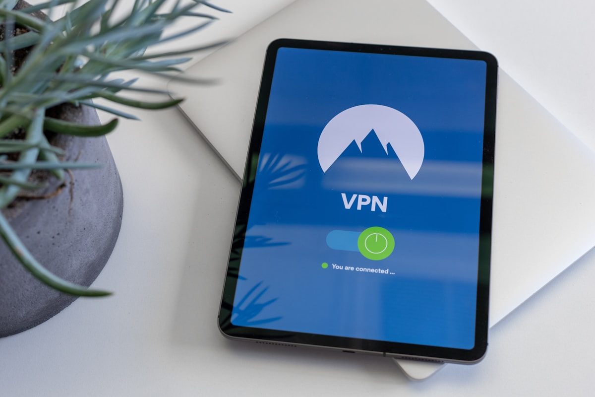Tablet showing VPN connected, protecting internet connection while traveling