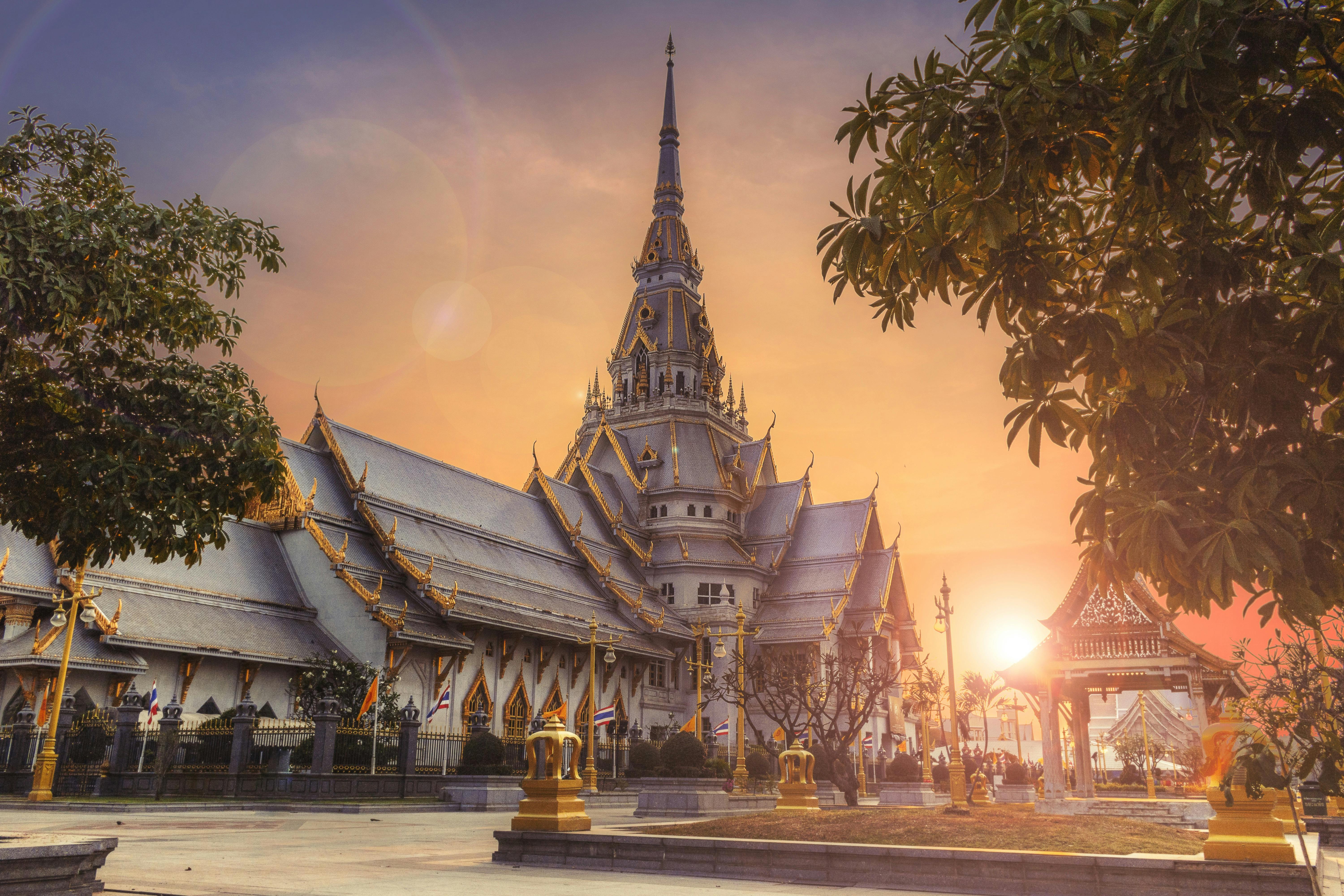 Thai temple at sunset in Thailand